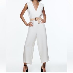 Zara white bohemian woven belt jumpsuit